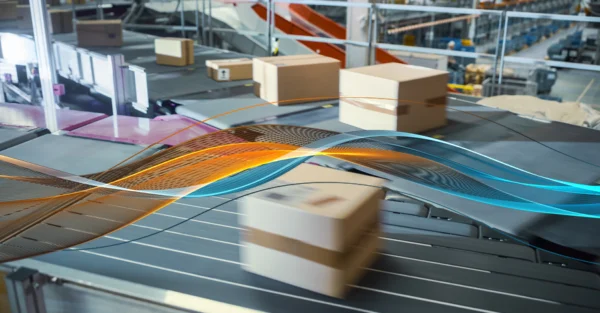 Consumer supply chains and distribution centre supply line with boxes being transferred