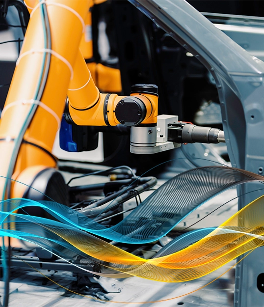 Automotive factory automation robotic arm working on vehicle