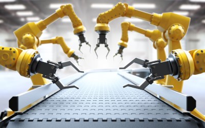 Industrial robotic arms with empty conveyor belt 3D rendering