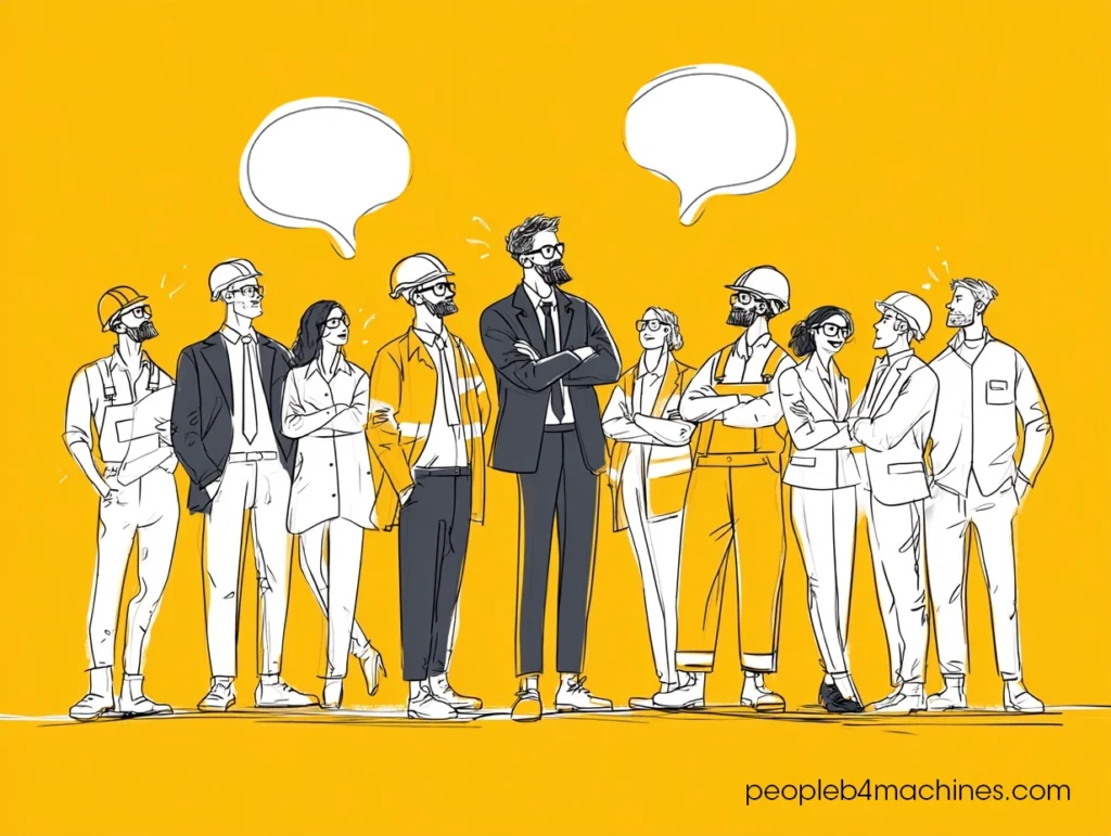 Conversation between management and shop workers