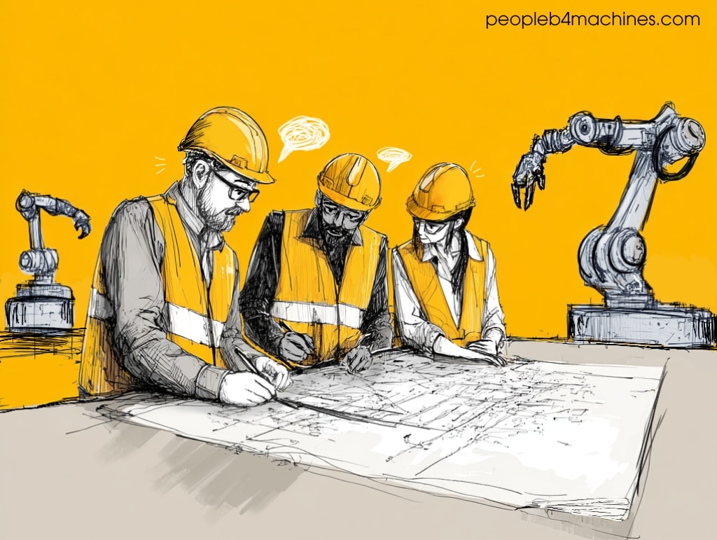 Automation benefits illustration showing people talking over drawings in factory