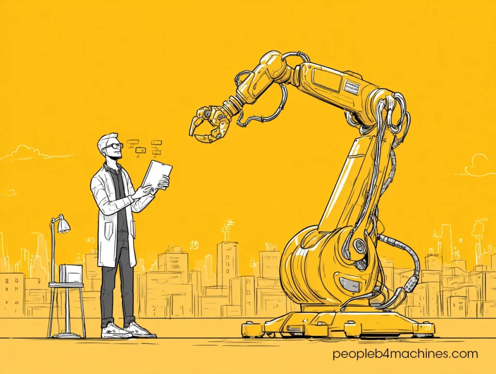 Engineer standing beside cobot